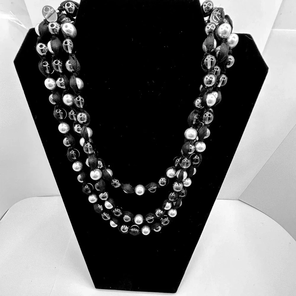 Triple Strand Black Fabric Cord Necklace Silver Smoke Grey Beaded Layered Toggle